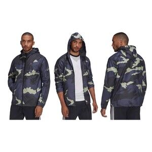 Adidas Windbreaker Mens'  XL Black & Blue Camo Lightweight Full Zip Up HF4876